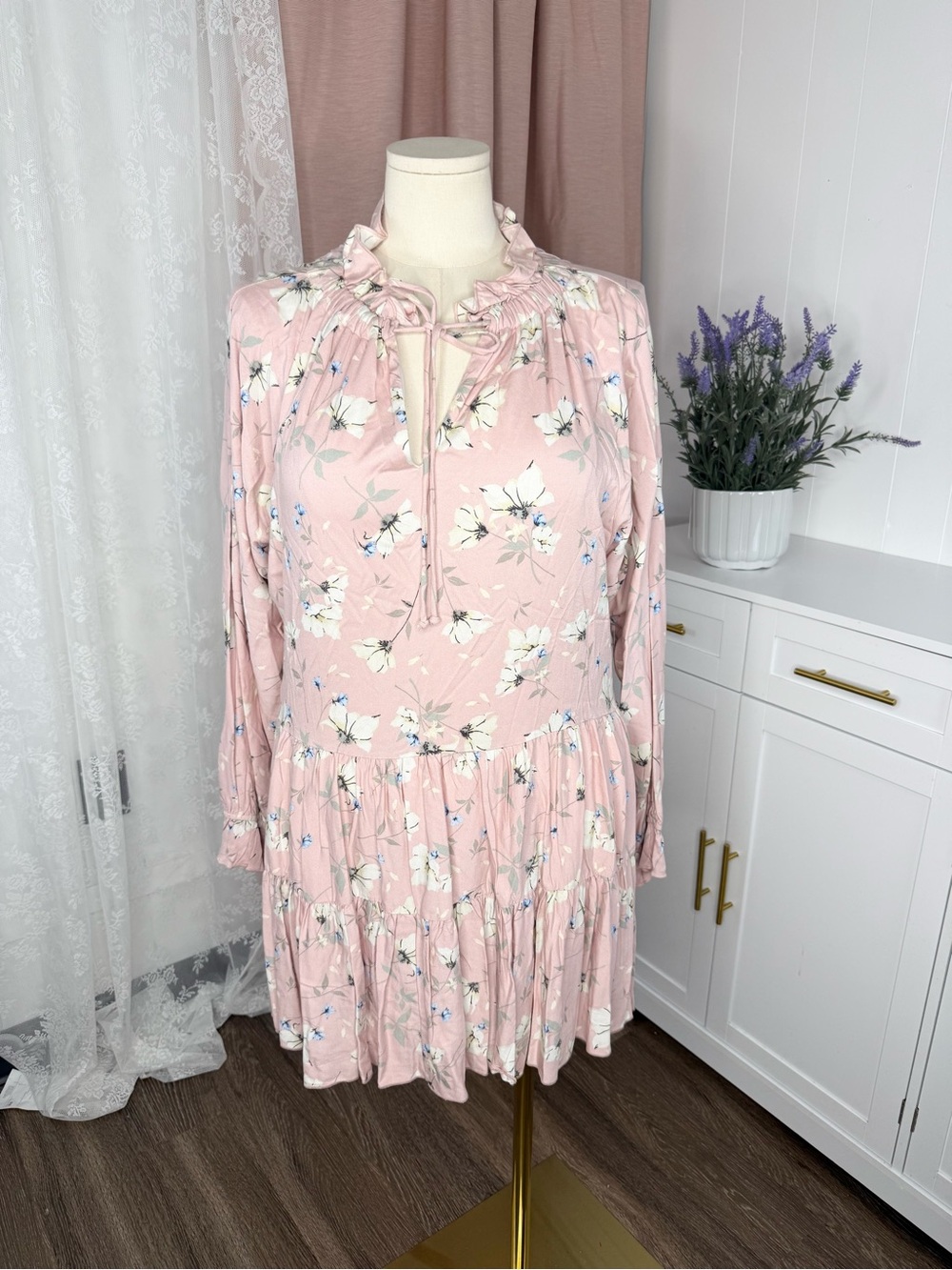Saints and hearts Pink Floral Ruffle Neck Long-Sleeve Dress BIN#13